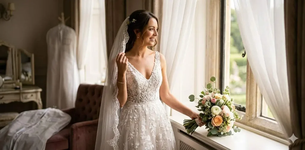 Bride smiling while holding wedding bouquet