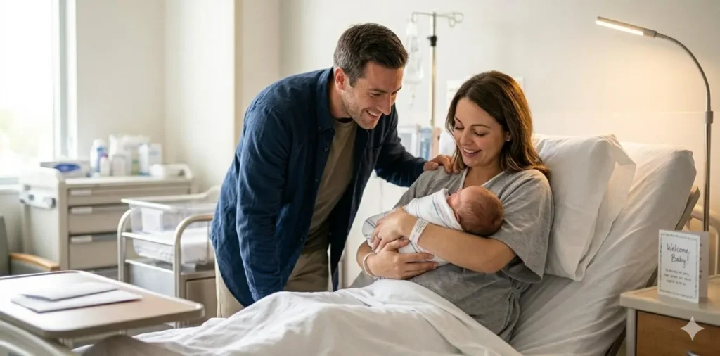 Mother holding newborn in hospital room