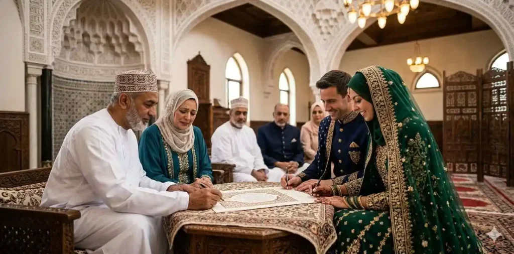 Couple signing nikah papers during ceremony