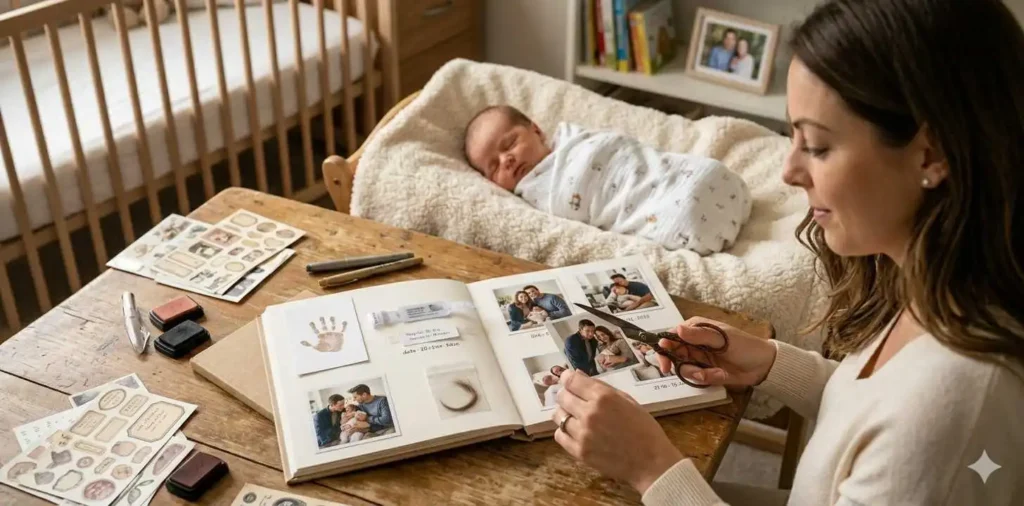 Parent creating keepsake with sleeping baby