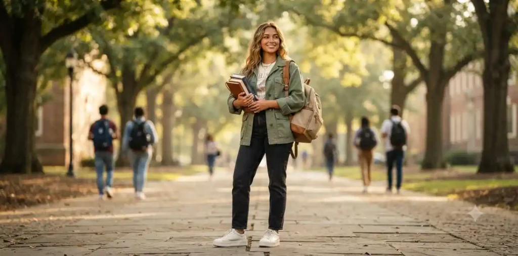 Student smiling with backpack outside school entrance