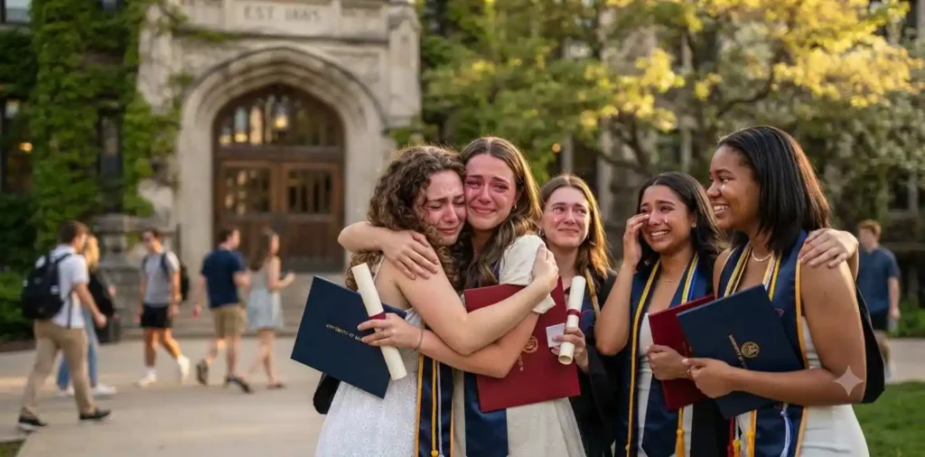 Graduates sharing an emotional farewell on campus