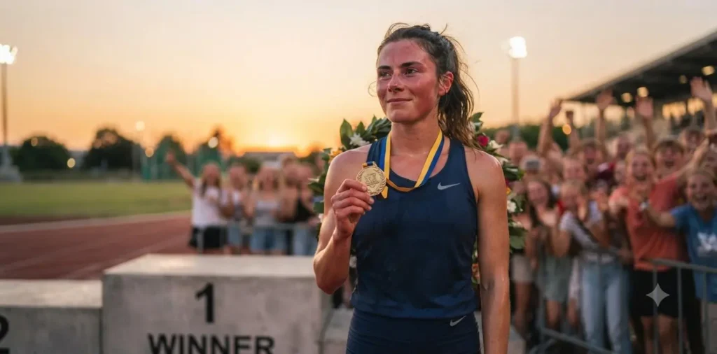 Athlete standing proudly after finishing a race