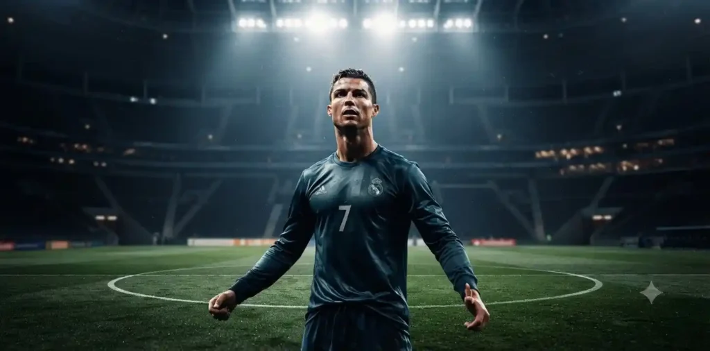 Footballer standing under stadium lights confidently