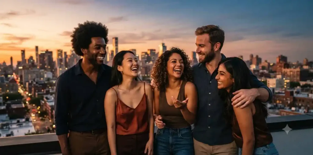 Close friends laughing together during an evening rooftop gathering