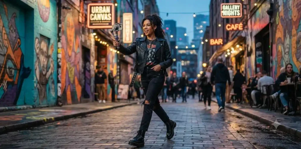 Confident creator filming an energetic street fashion reel